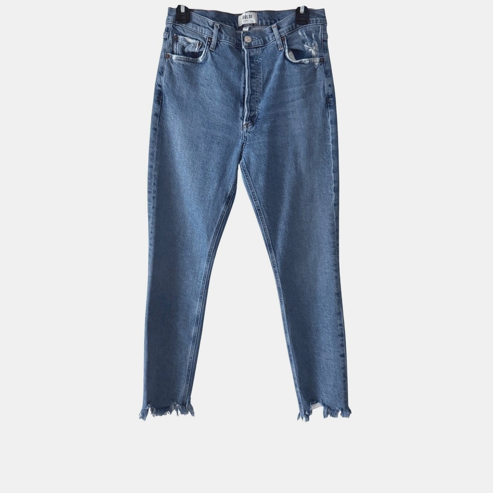 AGOLDE Women 29 Jeans Jamie High Rise Skinny Blue Distressed Raw Hem